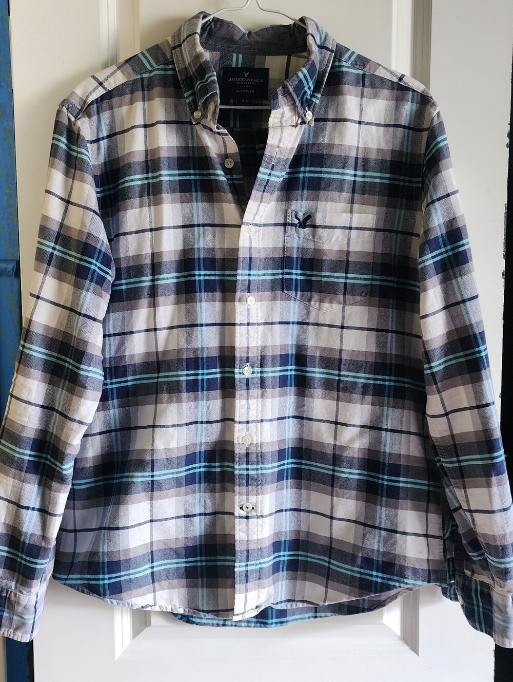 American Eagle Blue/Teal/White Plaid Men's Button Up